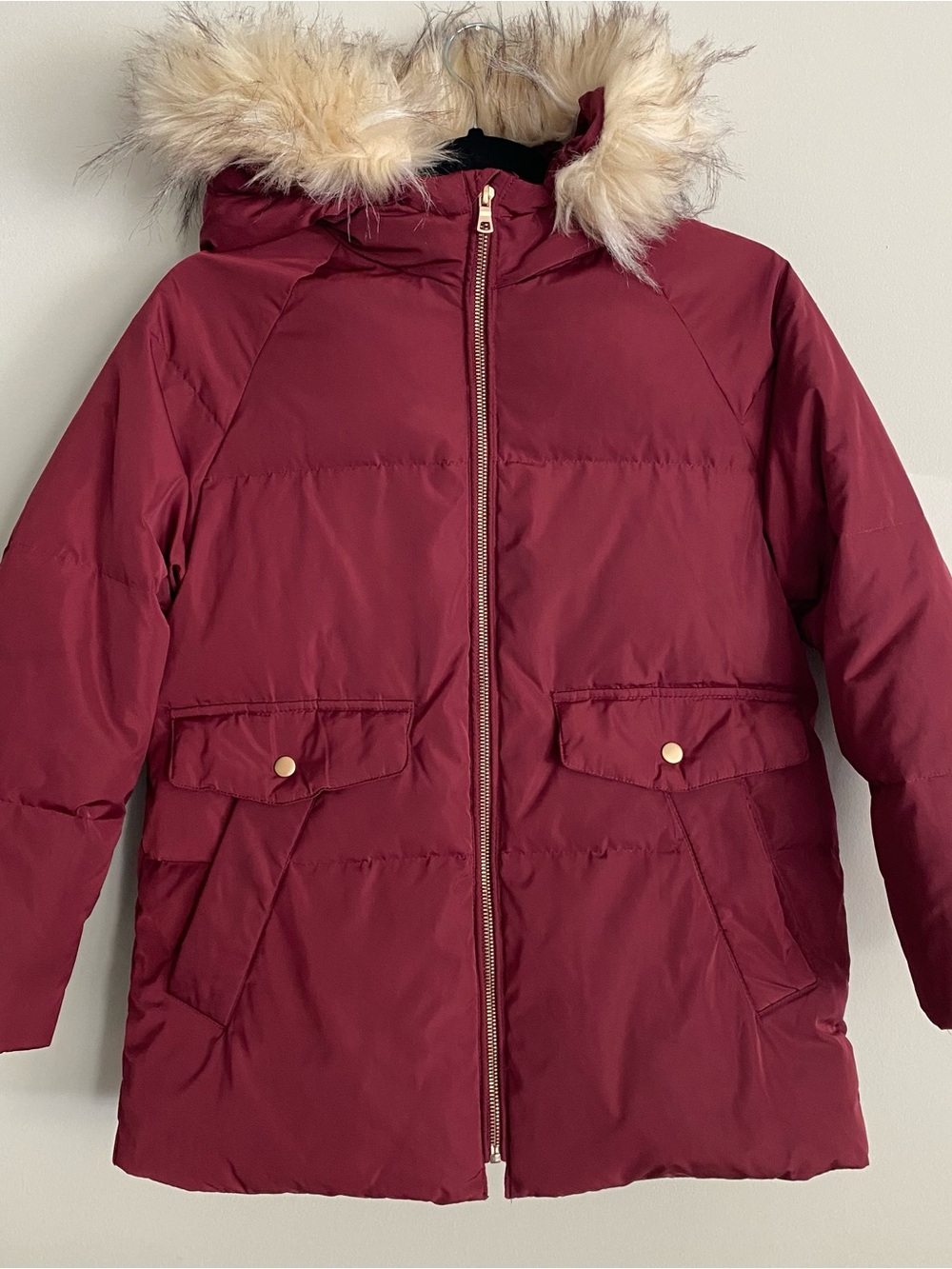 Zara Kids Wine Red Burgandy Maroon Down Puffer Jacket with Faux-Fur Hood